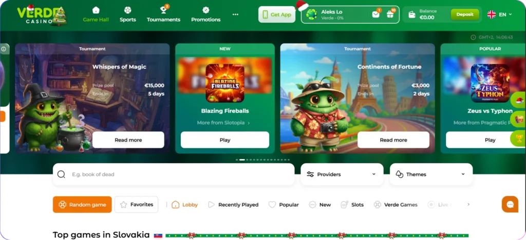 Main page PC version screen Verde